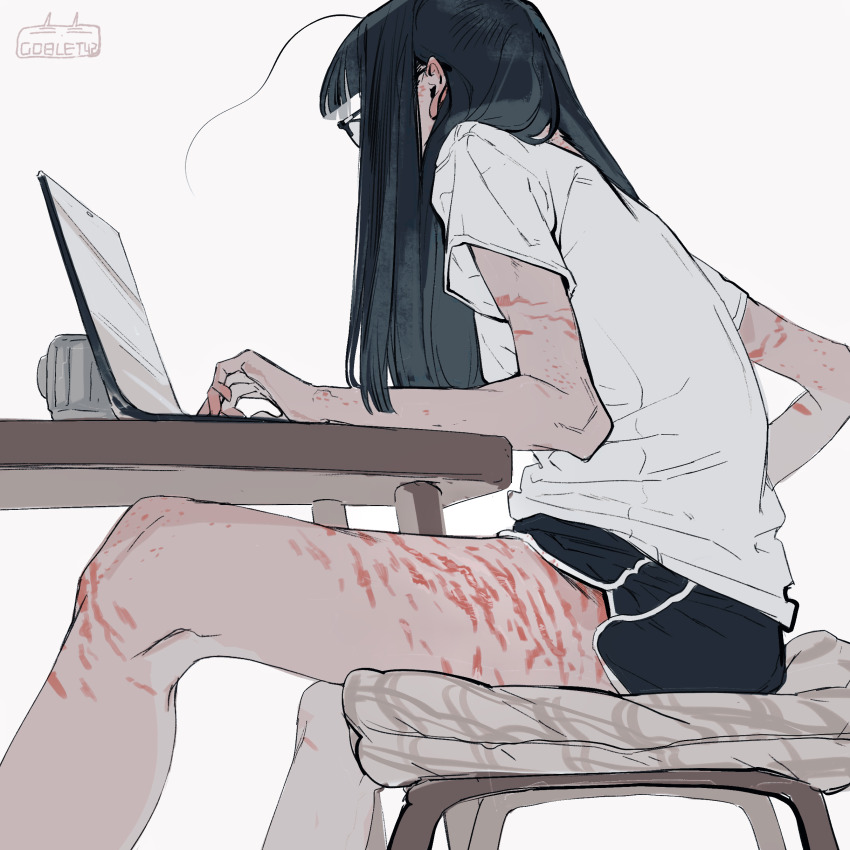 1girl absurdres ahoge artist_name black_hair commentary computer eizouken_ni_wa_te_wo_dasu_na! freckles from_side glasses goblet_42 highres kanamori_sayaka laptop long_hair shorts simple_background sitting solo stretch_marks white_background