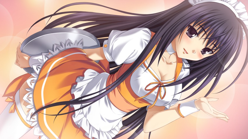 1girl alternate_costume apron arm_behind_back black_eyes black_hair blush bow choker detached_collar ever_17 female_focus game_cg komachi_tsugumi lace lace-trimmed_skirt lace_trim long_hair ribbon-trimmed_legwear ribbon_trim skirt smile solo thighhighs tray waist_apron waitress white_thighhighs zettai_ryouiki