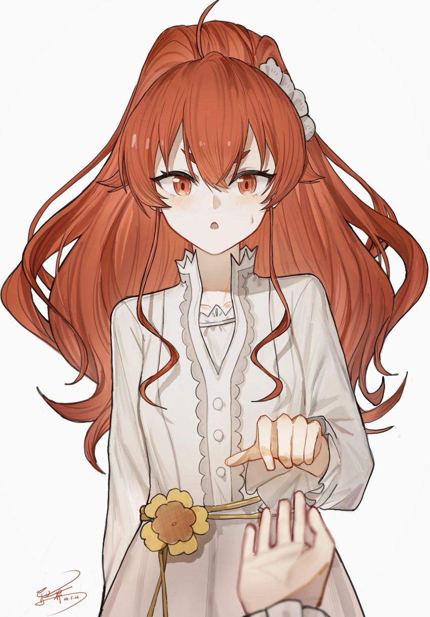 1boy 1girl absurdres ahoge belt blush chinese_commentary commentary crossed_bangs dated dress eris_greyrat flower hair_between_eyes high_collar high_ponytail highres long_hair looking_at_viewer mushoku_tensei ponytail pov reaching reaching_towards_viewer red_eyes red_hair rope_belt rudeus_greyrat short_eyebrows signature simple_background solo_focus straight-on sweat upper_body white_background white_dress yellow_belt yellow_flower yisjhui