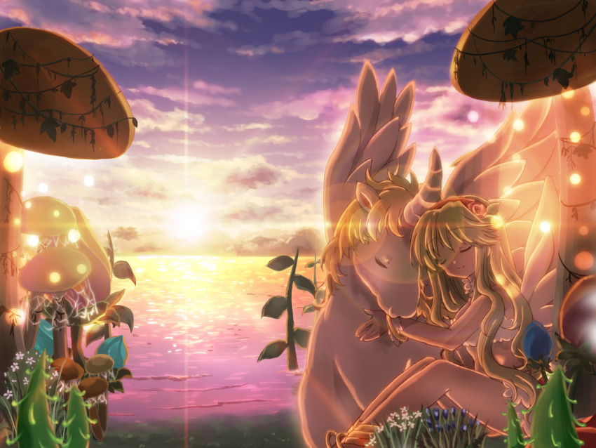 1girl bad_id bad_pixiv_id beach blonde_hair blue_flower bow bra closed_eyes closed_mouth cloud commentary_request cornus feather_bra feet_out_of_frame flower grass hair_flower hair_ornament hizukiryou hug in-universe_location long_hair mushroom outdoors purple_sky ragnarok_online red_bow reflection reflective_water scenery sitting sky smile sun sunset underwear wanderer_(ragnarok_online) water white_bra white_flower winged_unicorn