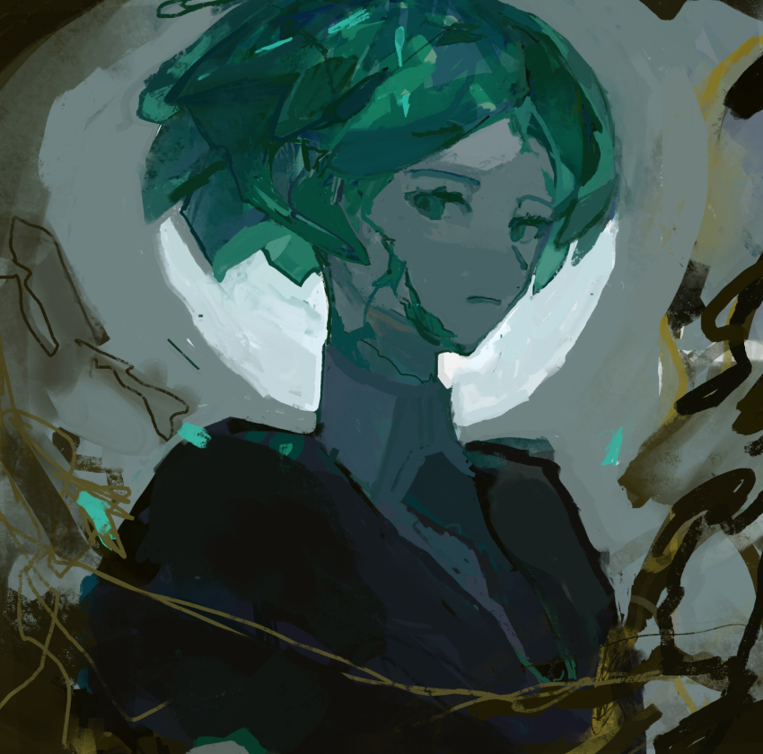 1other androgynous aqua_eyes aqua_hair colored_eyelashes commentary cracked_skin crystal_hair gem_uniform_(houseki_no_kuni) highres houseki_no_kuni necktie phosphophyllite phosphophyllite_(gemstone) short_hair solo ttt_nitizyo