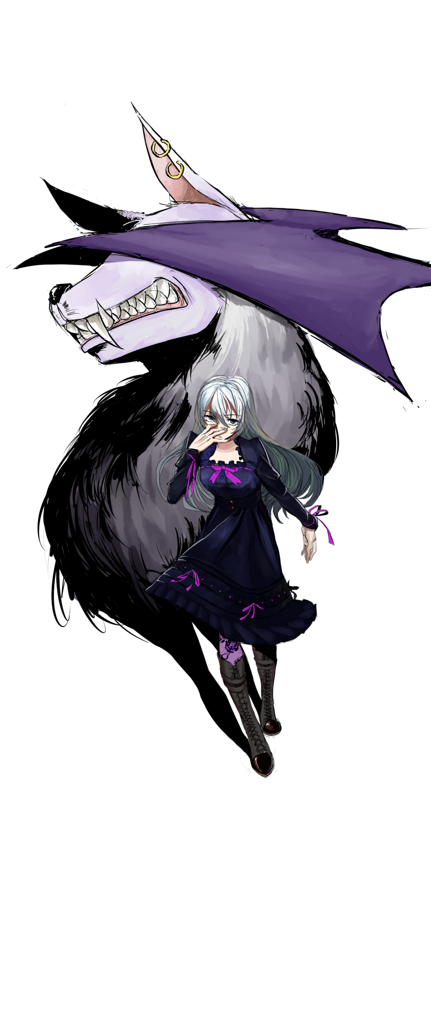 1girl absurdres digimon digimon_(creature) dress highres long_hair sangloupmon white_hair