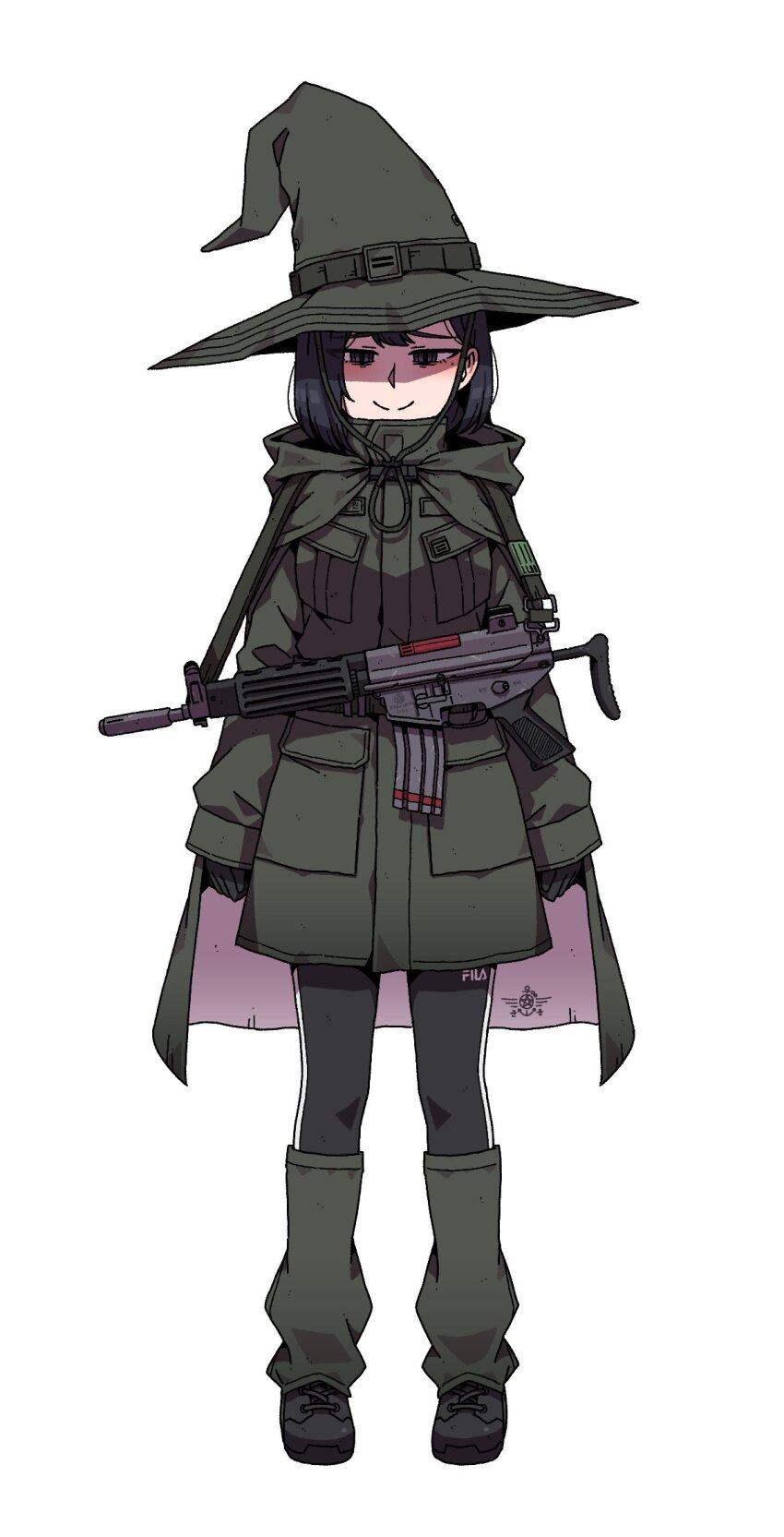 1girl assault_rifle black_gloves black_hair black_pants black_shoes breasts cloak closed_mouth commentary daewoo_k1 english_commentary full_body gloves grey_cloak grey_eyes grey_hat grey_jacket grey_socks gun half-closed_eyes hat highres hood hood_down hooded_cloak jacket karepack long_sleeves loose_socks medium_breasts original pants puffy_long_sleeves puffy_sleeves rifle shoes simple_background sleeves_past_wrists smile socks solo standing weapon white_background witch_hat