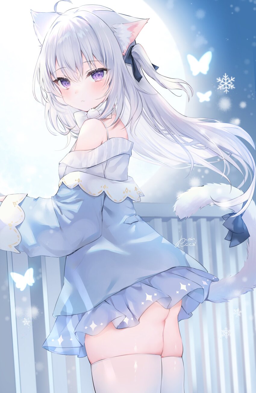 1girl absurdres against_railing animal_ear_fluff animal_ears black_bow blue_bow blue_dress blush bow bowtie bug butterfly cat_ears cat_girl cat_tail double-parted_bangs dress frilled_dress frills from_side glowing_butterfly hair_bow highres insect long_hair off_shoulder original purple_eyes railing rucaco snowflakes solo spaghetti_strap tail tail_bow tail_ornament thighhighs thighs white_bow white_bowtie white_butterfly white_hair white_thighhighs winter