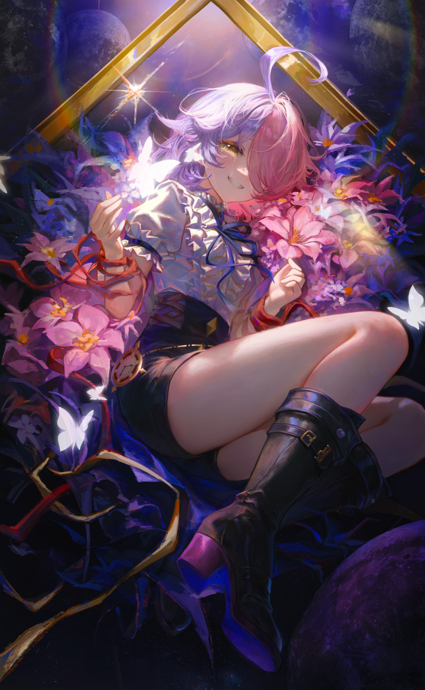 1girl absurdres ahoge benghuai_xueyuan black_boots black_ribbon black_shorts boots bug bushilu butterfly center_frills chinese_commentary commission flower flower_request frilled_sleeves frills hair_over_one_eye high-waist_shorts highres honkai_(series) insect knees_up multicolored_hair neck_ribbon pink_flower pink_hair puffy_short_sleeves puffy_sleeves purple_hair red_ribbon ribbon second-party_source sharp_teeth shirt short_sleeves shorts sin_mal smile split-color_hair tears teeth two-tone_hair watch white_shirt yellow_eyes