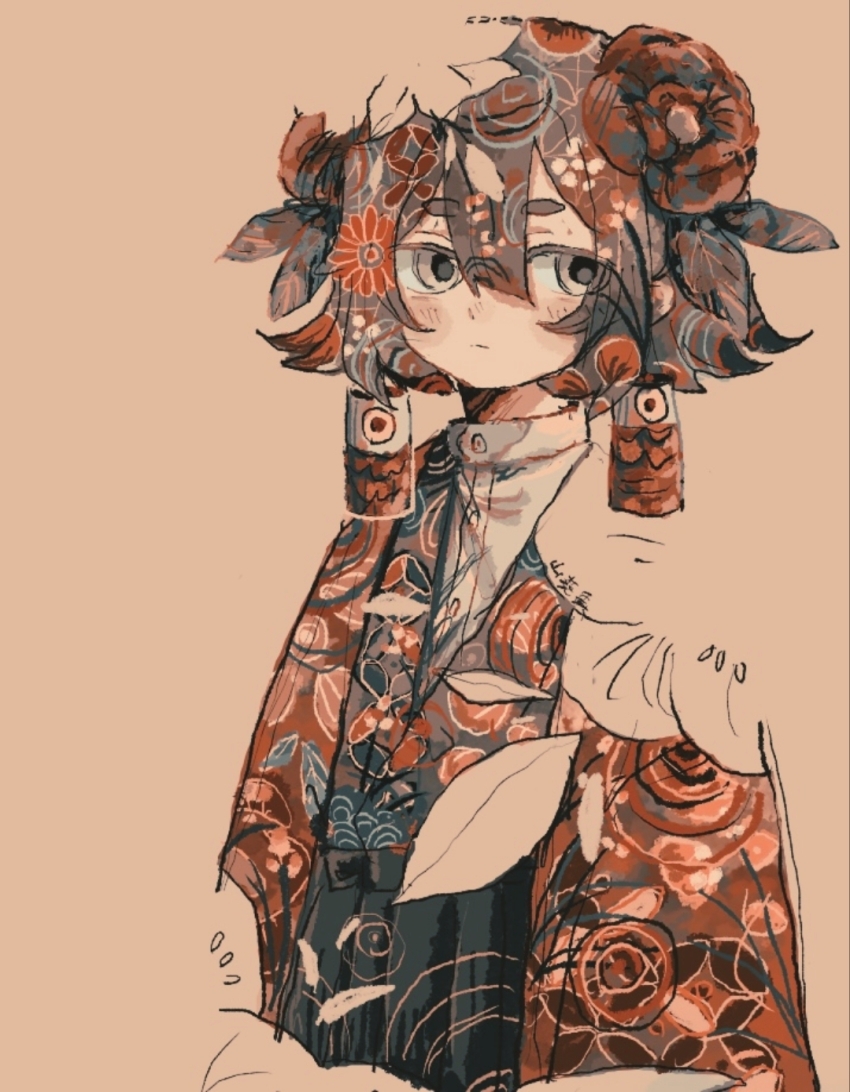 1other abstract androgynous arms_at_sides artist_name black_shorts black_sweater blending brown_hair closed_mouth cowboy_shot cropped_legs double-parted_bangs double_exposure earrings expressionless feather_hair_ornament feathers flipped_hair floating_earring floral_print flower grey_background grey_eyes hair_between_eyes hair_flower hair_ornament hakama hakama_shorts half-closed_eyes highres jacket japanese_clothes jewelry jitome layered_clothes leaf open_clothes open_jacket original other_focus red_flower red_jacket shirt short_eyebrows short_hair shorts simple_background sweater sweater_under_jacket v-neck wasabi_natsume white_shirt