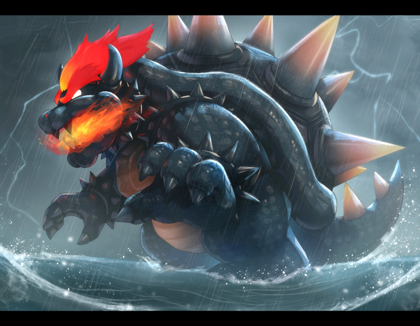 armlet bowser bracelet breath_weapon breathing_fire claws cloud cloudy_sky collar commentary_request fiery_hair fire fury_bowser glowing glowing_eyes glowing_hair gonzarez highres horns in_water jewelry kaiju letterboxed lightning mario_(series) night nintendo no_humans open_mouth outdoors rain red_hair revision sharp_teeth shell sky solo spiked_armlet spiked_bracelet spiked_collar spiked_shell spiked_tail spikes storm super_mario_3d_world tail teeth turtle_shell v-shaped_eyebrows water waves