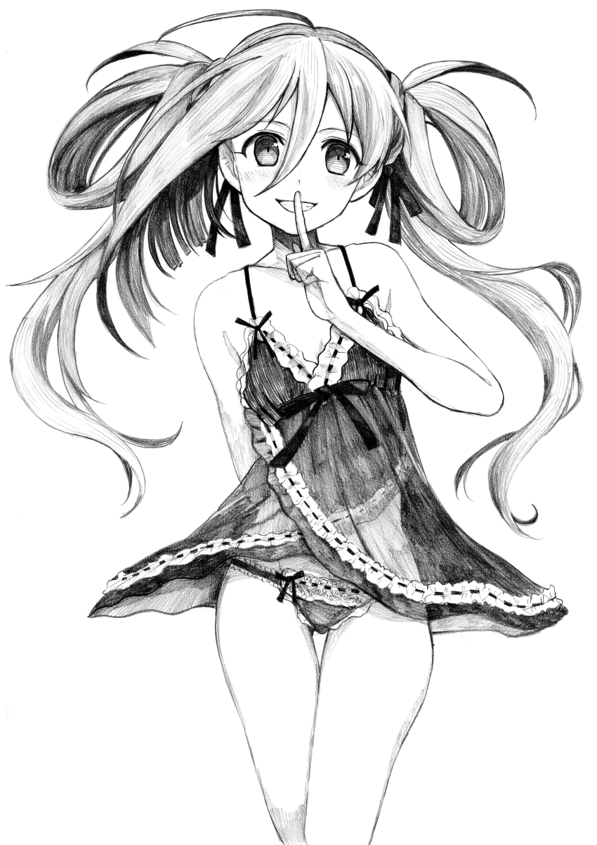 1girl absurdres ahoge alternate_costume alternate_hairstyle babydoll breasts finger_to_mouth gluteal_fold greyscale hair_rings highres kantai_collection kiyoshimo_(kancolle) monochrome panties parted_lips side-tie_panties small_breasts smile solo thigh_gap tsuji_kazuho twintails underwear