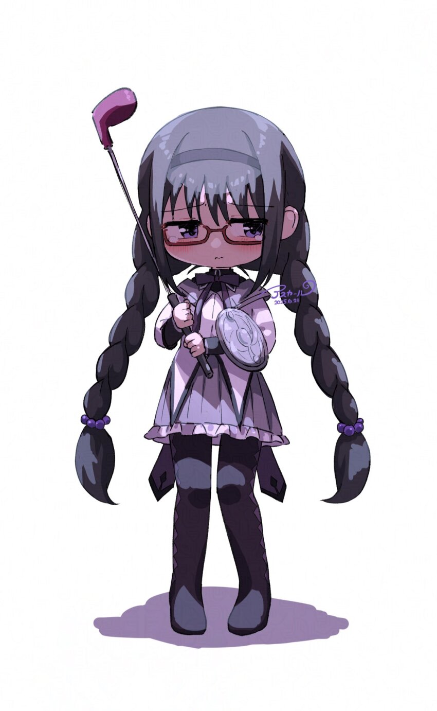 1girl akemi_homura akemi_homura_(magical_girl) argyle_clothes argyle_pantyhose asukaru_(magika_ru) black_boots black_hair black_hairband black_pantyhose blush boots closed_mouth commentary_request dress frilled_dress frills full_body golf_club hairband highres holding holding_golf_club long_hair long_sleeves looking_at_viewer mahou_shoujo_madoka_magica pantyhose purple_dress purple_eyes red-framed_eyewear simple_background solo standing white_background