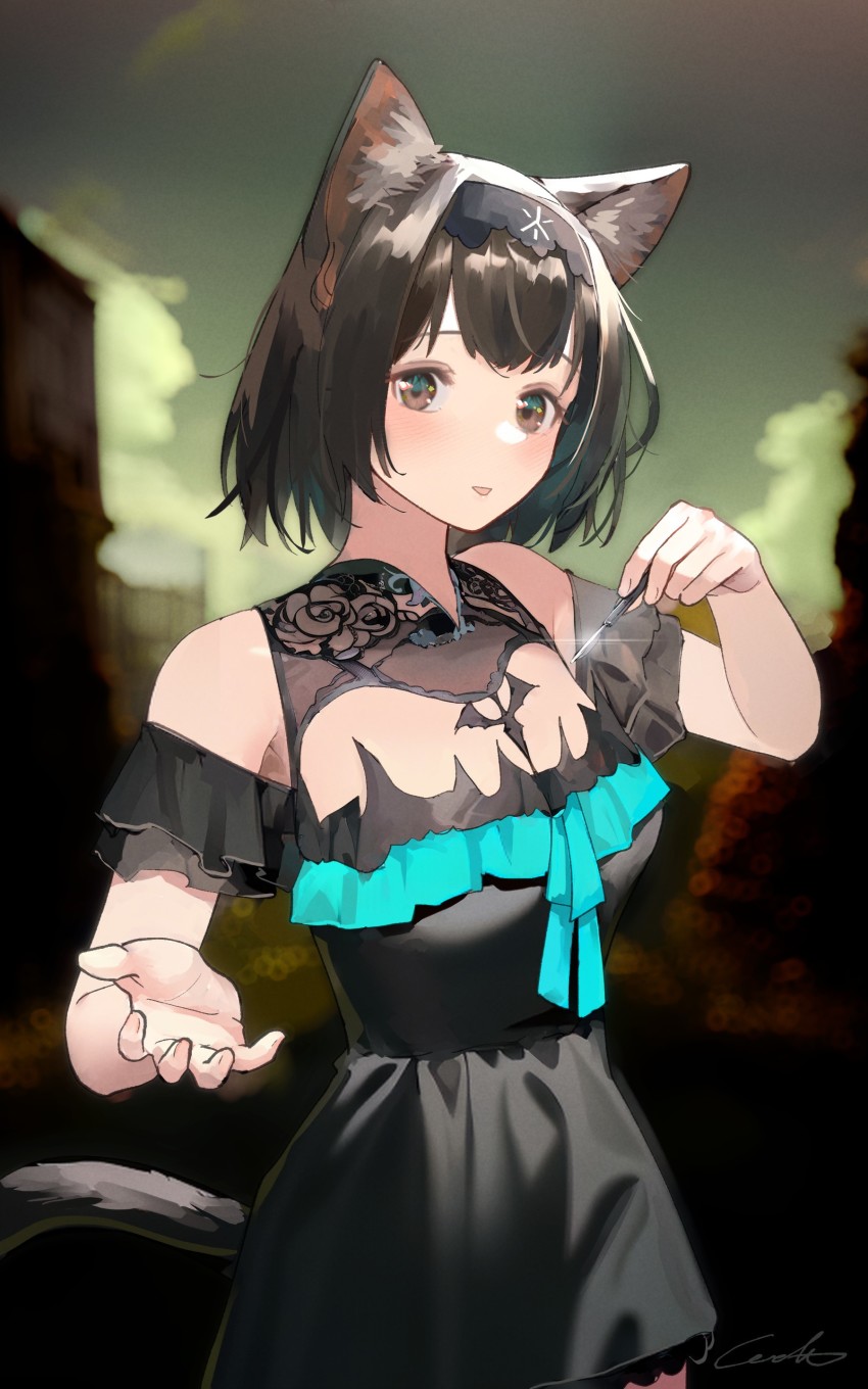 1girl absurdres alternate_costume animal_ear_fluff animal_ears arknights black_dress brown_eyes brown_hair cat_ears cat_tail dress hairband hands_up highres holding holding_knife knife off_shoulder rhodes_island_medic_(arknights) short_hair tail welt_(kinsei_koutenkyoku)