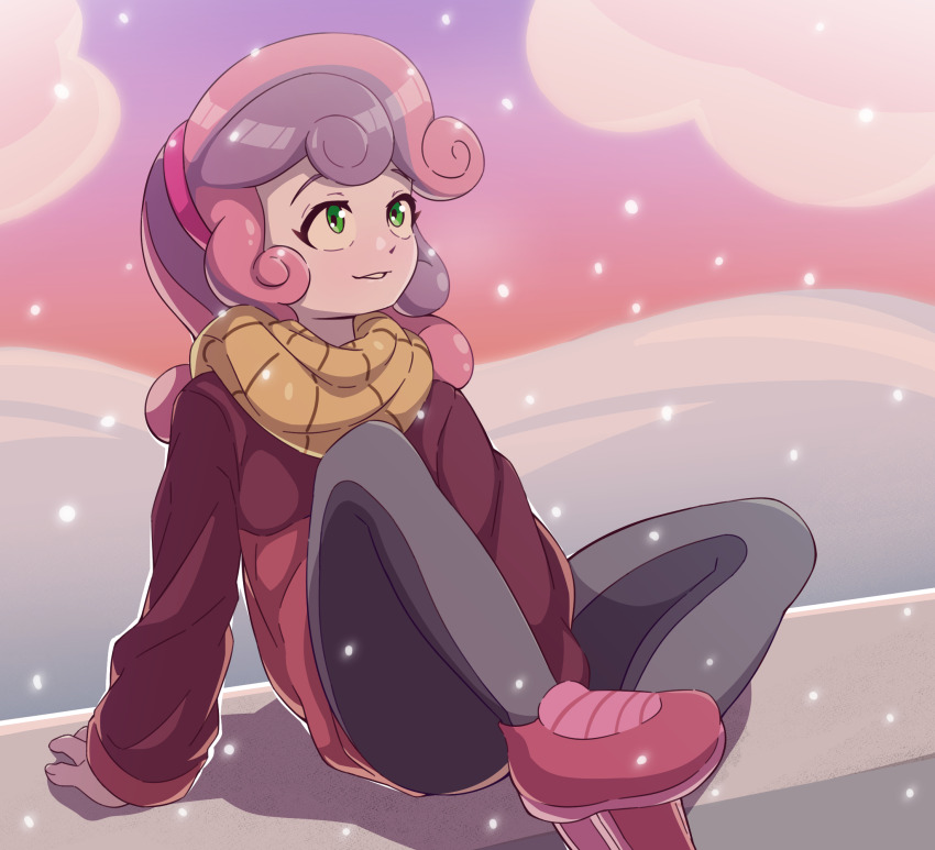 1girl cloud commentary english_commentary green_eyes highres long_hair long_sleeves multicolored_hair my_little_pony my_little_pony:_equestria_girls my_little_pony:_friendship_is_magic pants rockset scarf shoes sitting smile snow solo sweetie_belle sweetie_belle_(equestria_girls)