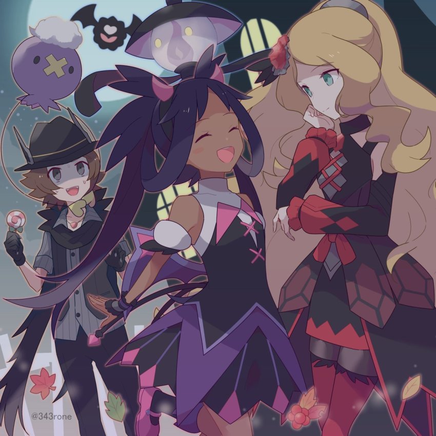 1boy 2girls 343rone :d armlet bare_shoulders black_choker black_dress black_hairband black_headwear black_pants black_scarf black_socks black_vest blonde_hair blush buttons caitlin_(fall_2021)_(pokemon) caitlin_(pokemon) candy choker closed_eyes collared_shirt commentary_request dark-skinned_female dark_skin dress drifloon fake_horns food gen_4_pokemon gen_5_pokemon green_eyes grey_shirt hair_ornament hair_rings hairband hand_up hat highres hilbert_(fall_2020)_(pokemon) hilbert_(pokemon) holding horns iris_(fall_2022)_(pokemon) iris_(pokemon) jewelry lampent leaf leg_up lollipop long_hair multiple_girls necklace nintendo official_alternate_costume open_mouth pants pokemon pokemon_(creature) pokemon_masters_ex purple_hair scarf shaded_face shirt shoes smile socks sweat teeth twintails upper_teeth_only vest woobat wrist_cuffs