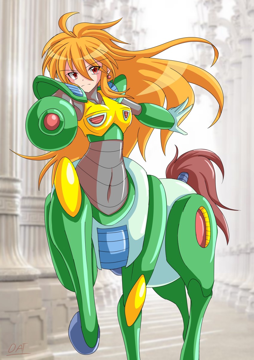 1girl absurdres ahoge android arm_cannon armor big_hair centaur centaur_man closed_mouth d@i_(d@i-hard) earrings female_focus genderswap genderswap_(mtf) highres hooves jewelry long_hair mega_man_(classic) mega_man_(series) mega_man_6 monster_girl orange_hair red_eyes serious shoulder_armor shoulder_pads signature solo taur weapon