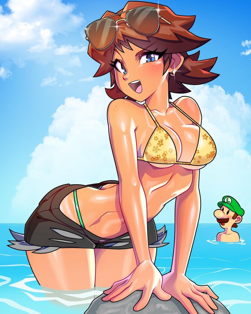 1boy 1girl ass beach blue_eyes blush bra breasts brown_hair cleavage day facial_hair grin hat highres looking_at_viewer luigi mario_(series) medium_breasts minicop2001 mustache nintendo princess_daisy shiny_skin short_hair shorts smile string sunglasses super_mario_land super_smash_bros. tan thick_thighs thighs underwear water wet wide_hips