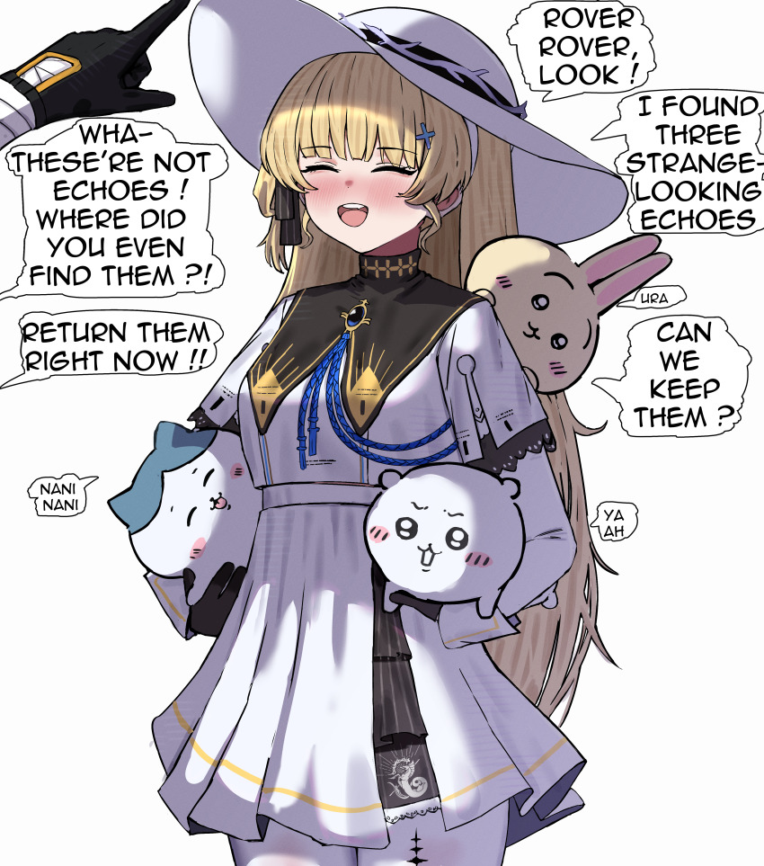 1boy 1girl 2na_(blue2na) absurdres animal black_gloves blonde_hair blush breasts chiikawa chiikawa_(character) closed_eyes commentary crossover english_commentary english_text gloves hachiware_(chiikawa) hair_ornament hat high-waist_skirt highres holding holding_animal long_hair long_sleeves male_rover_(wuthering_waves) medium_breasts open_mouth out_of_frame pantyhose phoebe_(wuthering_waves) rover_(wuthering_waves) shirt simple_background skirt smile usagi_(chiikawa) very_long_hair white_background white_hat white_pantyhose white_shirt white_skirt wuthering_waves x_hair_ornament