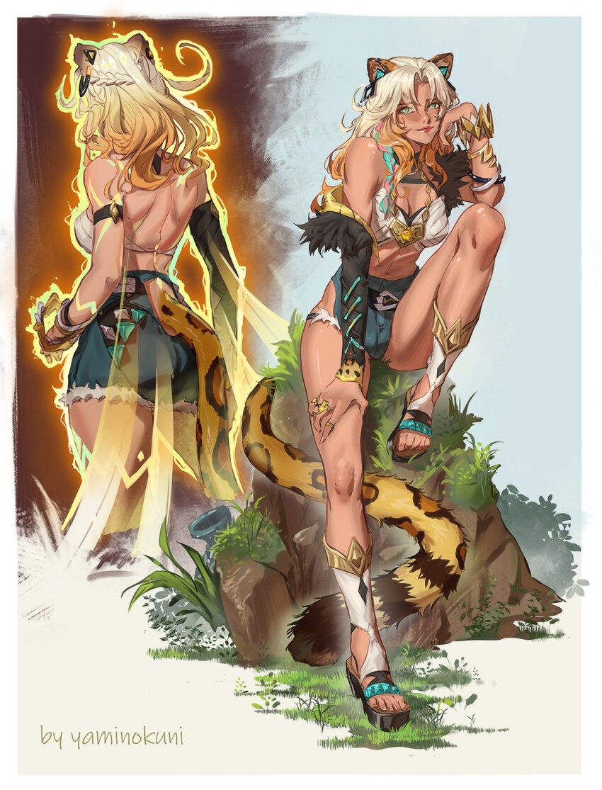 1girl animal_ears aura back bare_shoulders blonde_hair breasts cleavage closed_mouth cutoffs dark-skinned_female dark_skin full_body genshin_impact geo_symbol_(genshin_impact) gold_nails gradient_hair green_eyes high-waist_shorts highres jaguar_ears jaguar_girl jaguar_tail knee_up long_hair looking_at_viewer medallion medium_breasts multicolored_hair multiple_views revision short_shorts shorts shoulder_blades sitting smile standing tail vision_(genshin_impact) watermark xilonen_(genshin_impact) yaminokuni