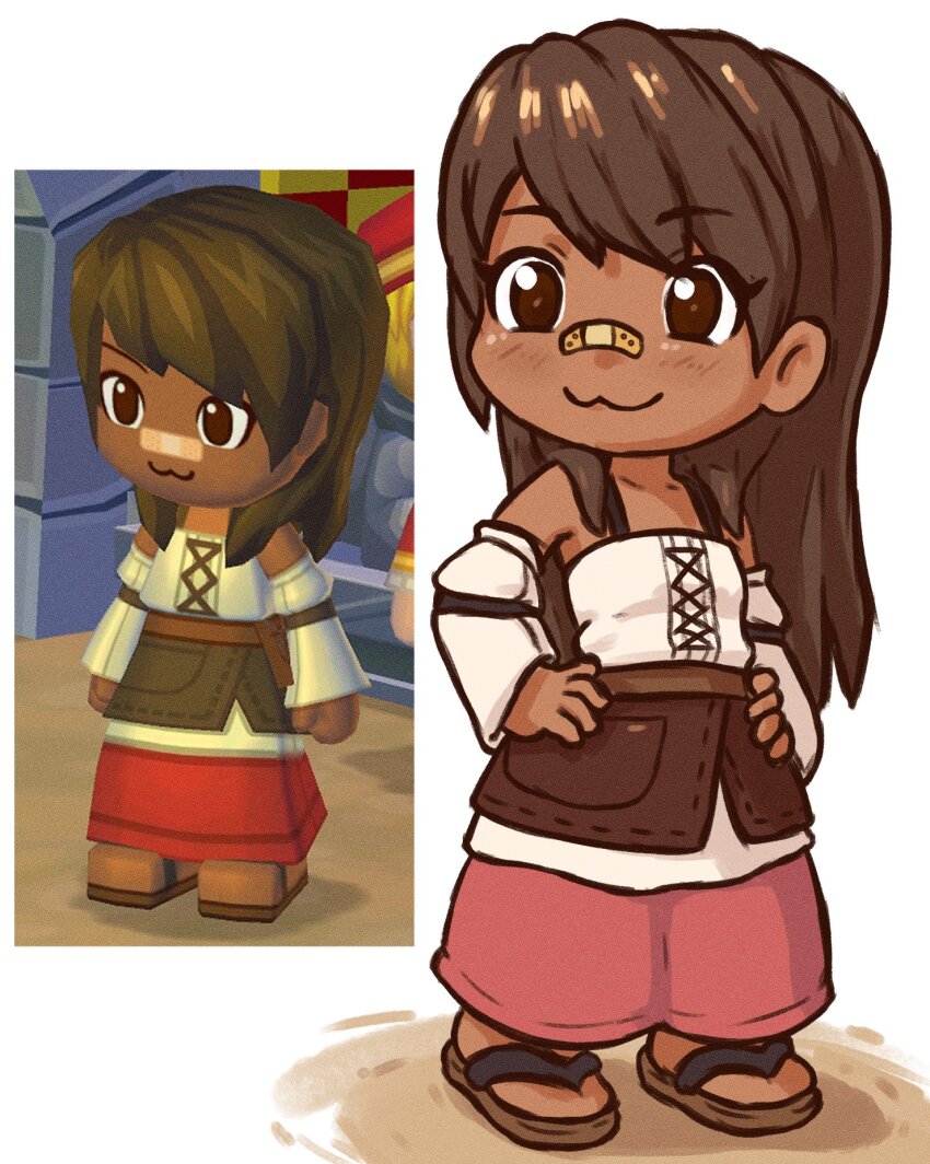 1girl :3 bandaid bandaid_on_face bandaid_on_nose beachepisode blush brown_eyes brown_hair chibi closed_mouth dark-skinned_female dark_skin full_body hands_on_own_hips highres long_hair mysims reference_inset sandals smile solo