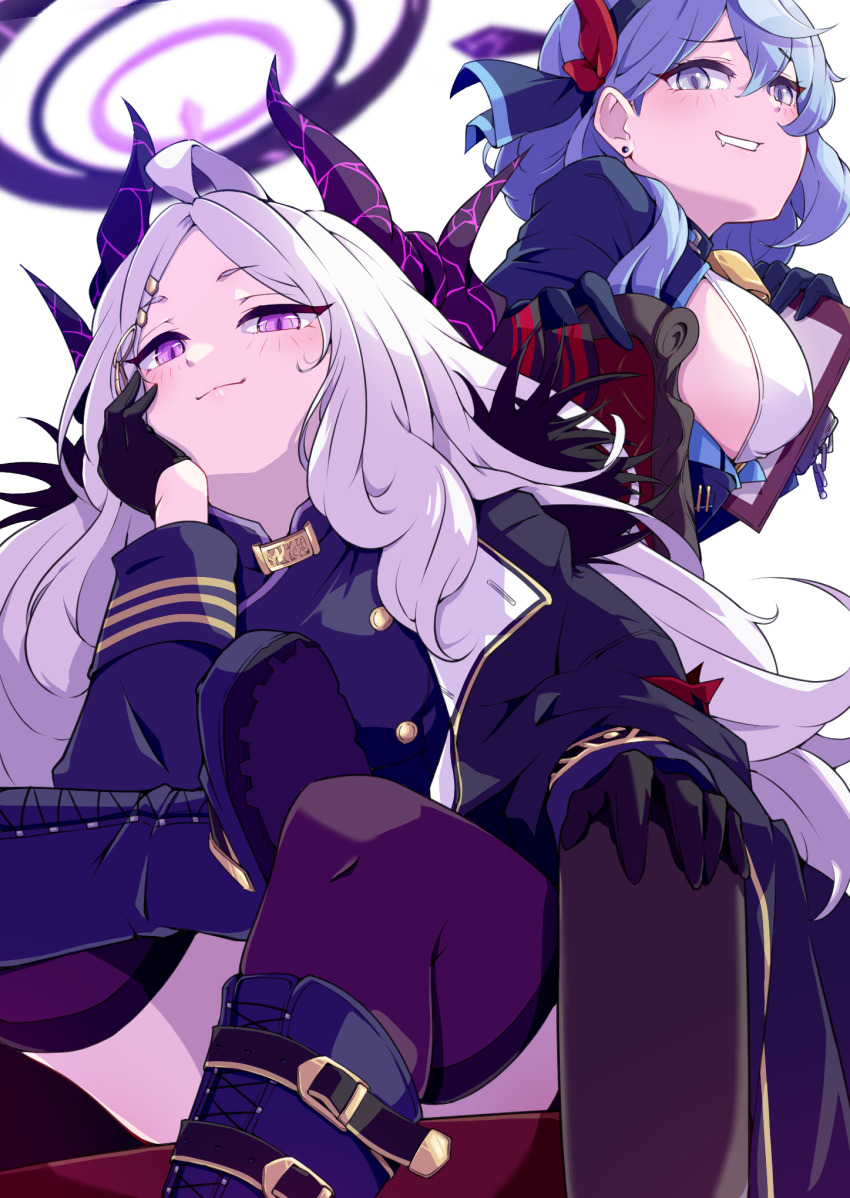 2girls ahoge ako_(blue_archive) armband bell black_coat black_footwear black_gloves black_hairband black_halo black_thighhighs blue_archive blue_eyes blue_hair blue_halo blush breasts chair closed_mouth coat coat_on_shoulders commentary_request demon_girl demon_horns gloves hair_ornament hairband hairclip halo highres hina_(blue_archive) holding horns large_breasts looking_at_viewer mosuke1221 multiple_girls neck_bell on_chair open_mouth purple_eyes red_armband simple_background sitting small_breasts smug thighhighs thighs white_background