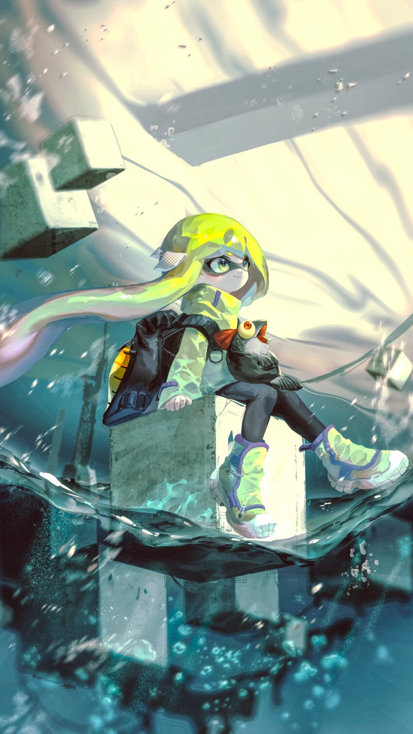 1girl absurdres agent_3_(splatoon_3) aramaki_spla black_pants blonde_hair blue_eyes closed_mouth commentary_request creature_on_lap floating_hair headgear highres ink_tank_(splatoon) inkling jacket long_hair long_sleeves multicolored_eyes nintendo outdoors pants salmonid shoes sitting smallfry_(splatoon) smile solo splatoon_(series) splatoon_3 tentacle_hair two-tone_eyes water yellow_eyes yellow_jacket yellow_shoes