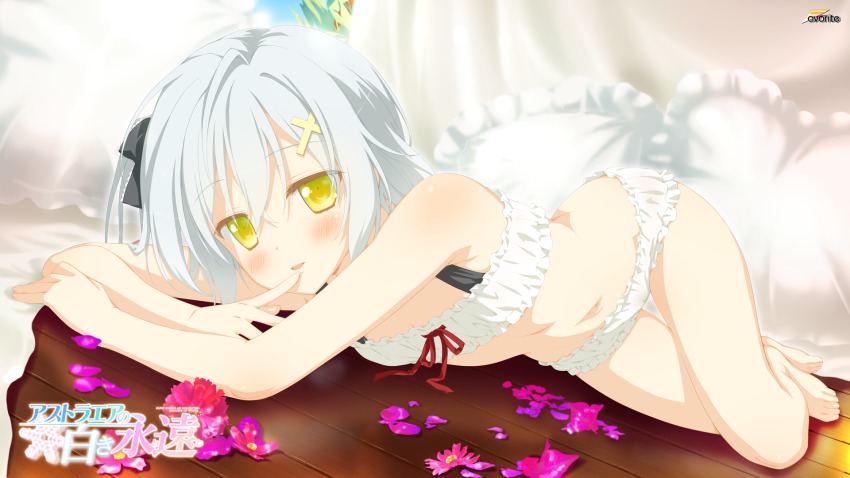 1girl astralair_no_shiroki_towa barefoot bra cinderella_bust company_name copyright_name cross_hair_ornament feet finger_to_mouth frilled_pillow frills hair_ornament highres hotaru_rinne lingerie looking_at_viewer lying navel on_floor on_side panties petals pillow shida_kazuhiro smile underwear underwear_only white_bra white_hair white_panties yellow_eyes