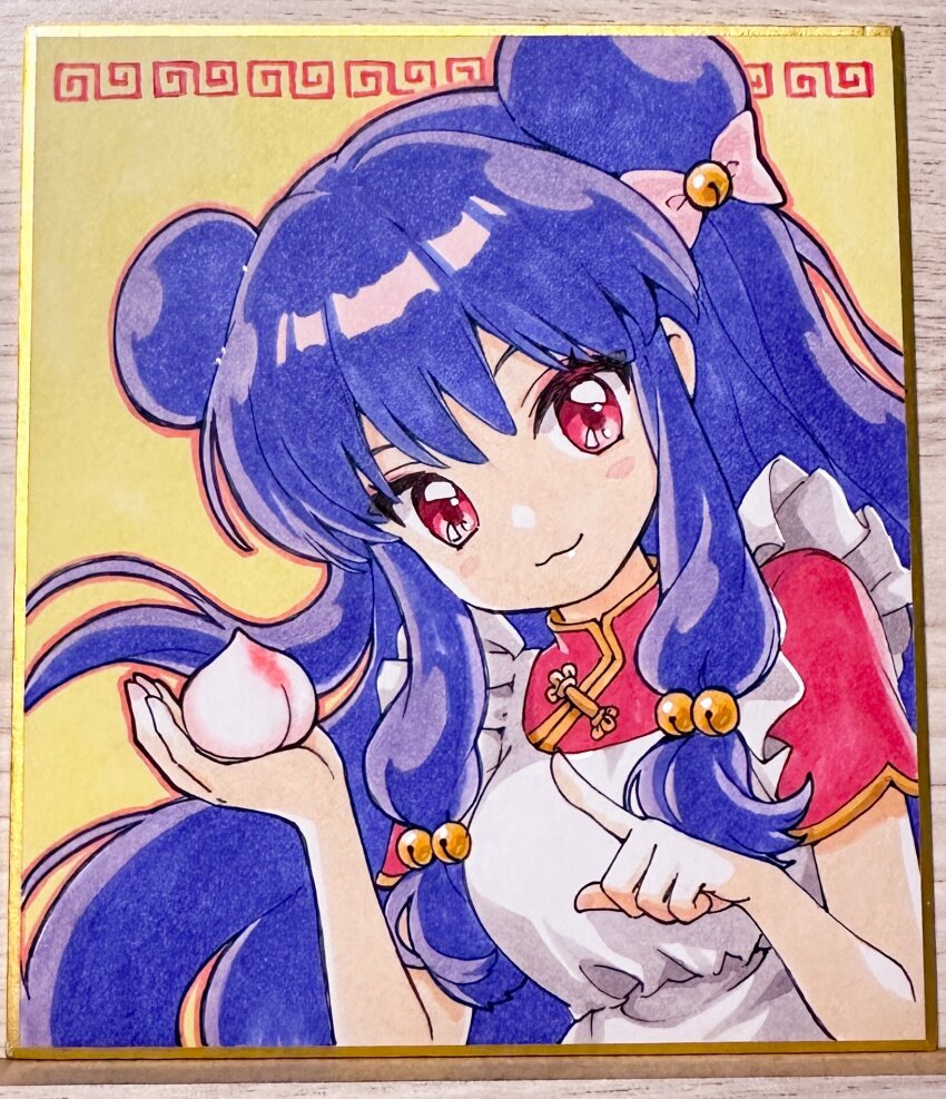 1girl apron bell bow chinese_clothes food fruit hair_bell hair_bow hair_ornament highres holding holding_food holding_fruit long_hair looking_at_viewer maid_apron peach photo_(medium) pink_bow purple_hair ranma_1/2 red_eyes red_shirt shampoo_(ranma_1/2) shirahane_nao shirt sidelocks smile traditional_media white_apron yellow_background