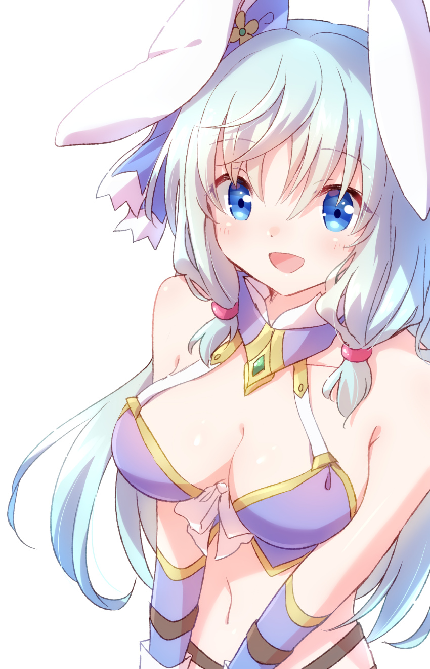 1girl absurdres animal_ears arifureta_shokugyou_de_sekai_saikyou bare_shoulders blue_eyes blue_hair breasts commentary_request highres large_breasts long_hair looking_at_viewer navel nyaa_(nnekoron) open_mouth rabbit_ears rabbit_girl shea_haulia simple_background smile solo upper_body v_arms white_background