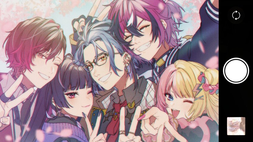 2girls 3boys :3 ;d ahoge arm_up barbell_piercing black_gloves black_hair black_jacket black_nails black_shirt blonde_hair blue_eyes blue_sky blunt_bangs blush braid cherry_blossoms closed_mouth collared_shirt crossed_bangs day doppio_dropscythe doppio_dropscythe_(1st_costume) ear_piercing earrings eyebrow_piercing eyelashes face_piercing fake_phone_screenshot fake_screenshot fangs fingerless_gloves fingernails glasses gloves gold_earrings gold_ring gradient_hair green_eyes grey_hair grey_shirt grin hair_between_eyes hair_bun hair_ornament hair_scrunchie hand_up hashtag-only_commentary hex_haywire hex_haywire_(1st_costume) highres industrial_piercing jacket jewelry kaburagi_(pnoir087) kotoka_torahime kotoka_torahime_(1st_costume) lightning_bolt lightning_bolt_hair_ornament lightning_bolt_symbol linked_piercing long_fingernails long_hair long_sleeves looking_at_viewer meloco_kyoran meloco_kyoran_(1st_costume) multicolored_hair multicolored_jacket multiple_boys multiple_girls nail_polish necktie nijisanji nijisanji_en off_shoulder one_eye_closed open_mouth outdoors outstretched_hand parted_bangs petals piercing pink_hair pink_jacket pink_nails pink_scrunchie purple_eyes purple_hair purple_jacket purple_nails red_eyes red_hair red_necktie ring scrunchie shirt short_hair side_braids single_side_bun sky smile split-color_hair streaked_hair teeth two-tone_hair two-tone_jacket upper_body upper_teeth_only v ver_vermillion ver_vermillion_(1st_costume) virtual_youtuber white_hair white_shirt wing_collar wrist_scrunchie x_hair_ornament xsoleil