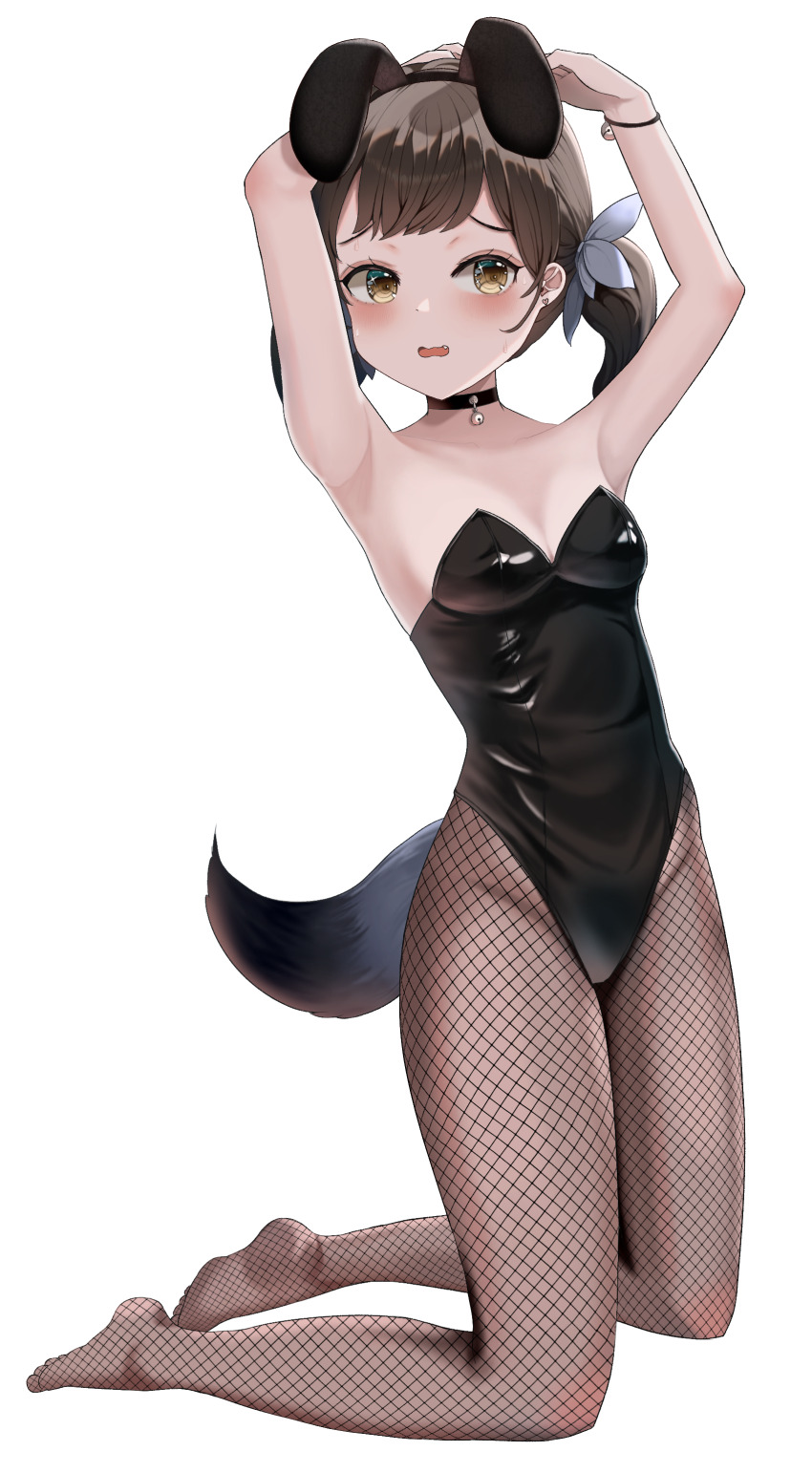 1girl absurdres animal_ear_hairband animal_ears arm_behind_head armpits arms_up bare_arms bell black_choker black_hairband black_leotard black_tail blush breasts brown_hair brown_pantyhose choker crusaders_quest embarrassed fake_animal_ears fang fishnet_pantyhose fishnets full_body gradient_tail grey_tail groin hairband highres jingle_bell kneeling leotard low_twintails neck_bell no_shoes open_mouth pantyhose playboy_bunny rabbit_ears raised_inner_eyebrows sera_(crusaders_quest) simple_background small_breasts solo strapless strapless_leotard tail twintails wavy_mouth white_background wristband yellow_eyes yomining