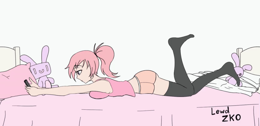 1girl ahegao animated animated_gif arm_up artist_name ass bed black_eyes black_thighhighs bouncing_breasts breasts cellphone clothes_lift clothes_pull crystal_(lewd-zko) empty_eyes female_focus female_masturbation from_side full_body hypnosis jitome lewd-zko lying masturbation medium_breasts medium_hair midriff mind_control nipples no_bra no_panties no_shoes on_back on_bed on_stomach open_mouth phone pink_eyes pink_hair pink_shirt pink_shorts ponytail profile rolling_eyes shirt shirt_lift shorts shorts_pull smartphone solo tank_top thighhighs tongue tongue_out watermark white_background wide-eyed zko