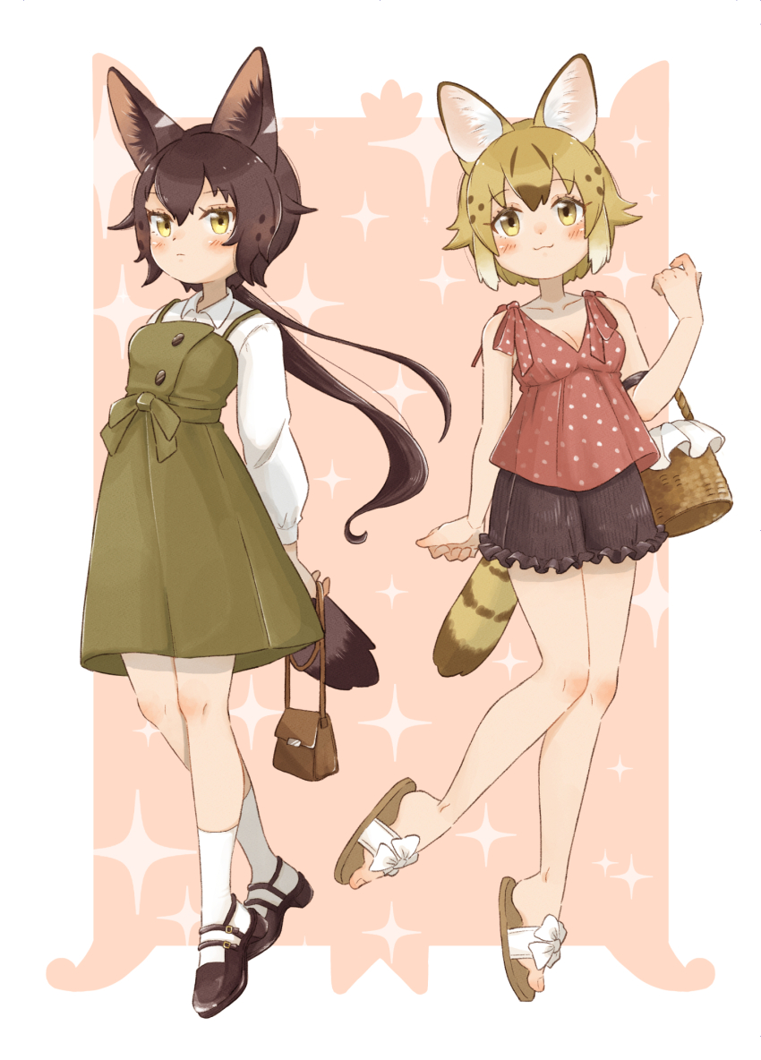 0nanaten 2girls :3 alternate_costume animal_ears bag bare_shoulders basket black_hair black_serval_(kemono_friends) black_shorts blonde_hair blush brown_footwear brown_hair casual cat_ears cat_girl cat_tail collarbone collared_shirt dress elbow_carry frilled_shorts frills green_dress hair_between_eyes handbag highres kemono_friends multicolored_hair multiple_girls penny_loafers pink_shirt polka_dot polka_dot_shirt ponytail puffy_sleeves sandals serval_(ex4)_(kemono_friends) shirt short_hair shorts sidelocks sleeveless socks spaghetti_strap tail white_hair white_shirt white_socks yellow_eyes
