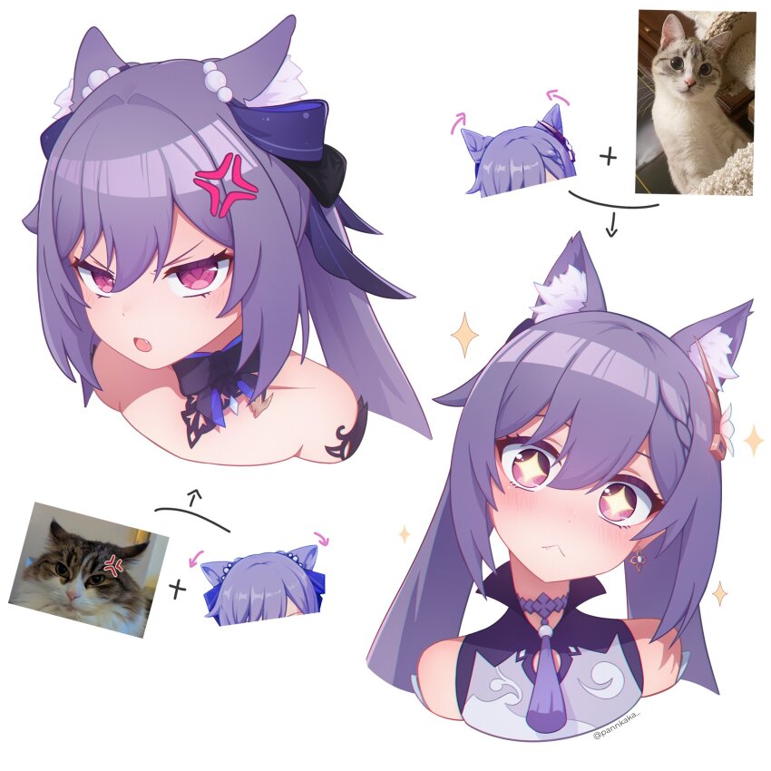 +_+ 1girl :&lt; anger_vein animal_ear_fluff animal_ears arrow_(symbol) bare_shoulders blush cat cat_ears collarbone commentary fang genshin_impact hair_ribbon head_tilt highres kemonomimi_mode keqing_(genshin_impact) keqing_(opulent_splendor)_(genshin_impact) long_hair looking_at_viewer multiple_views open_mouth pannkaka_(kpze4325) plus_sign purple_eyes purple_hair purple_ribbon ribbon simple_background twintails white_background