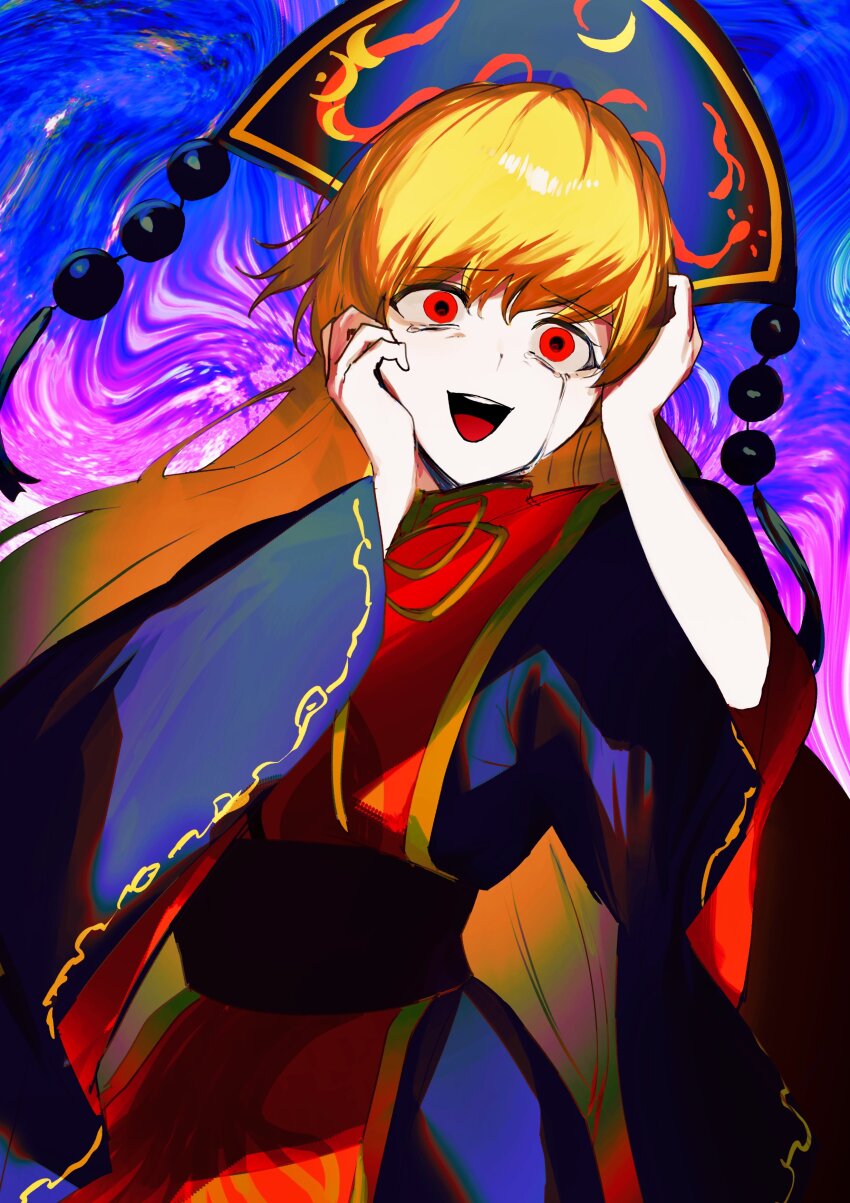 1girl absurdres belt black_belt black_dress black_hat blonde_hair blue_background chinese_clothes cowboy_shot crazy crazy_smile crescent crescent_print crying crying_with_eyes_open dalachi_(headdress) dress energy hair_between_eyes hands_on_own_face hands_up hat highres ikasoba junko_(touhou) junko_day long_hair long_sleeves looking_afar mandarin_collar neck_ribbon open_mouth pom_pom_(clothes) red_eyes red_tabard ribbon simple_background smile solo standing tabard tassel tears teeth touhou wide_sleeves yellow_ribbon
