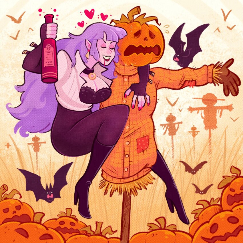 1girl alcohol bat_(animal) black_choker black_corset black_leggings bottle breasts choker cleavage closed_eyes commentary corset drunk earrings english_commentary fingerless_gloves flirting gloves hay heart highres jewelry leggings long_hair mostlyghostly nail_polish original pointy_ears pumpkin red_nails red_wine scarecrow scared vampire very_long_hair wine wine_bottle