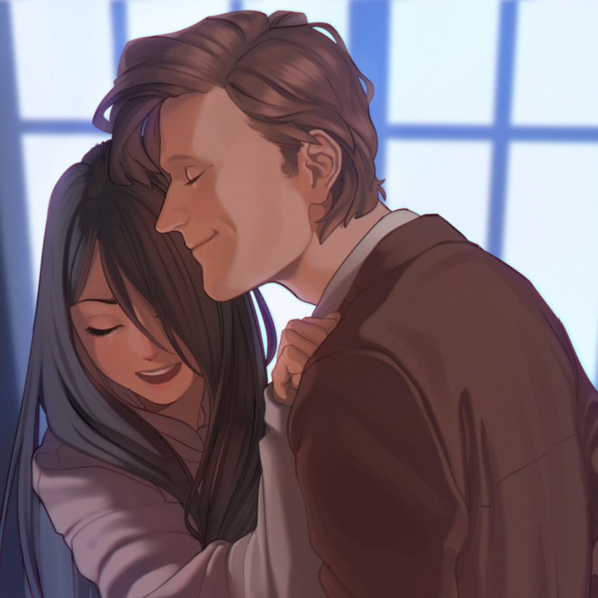 1boy 1girl aconitea bad_id bad_twitter_id black_hair brown_hair closed_eyes doctor_who eleventh_doctor eleventh_doctor_(doctor_who) jacket open_mouth original smile suit_jacket tardis the_doctor the_doctor_(doctor_who) window