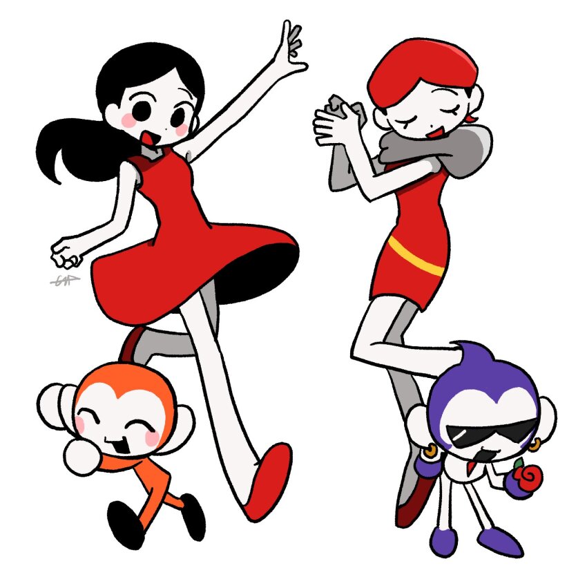 2girls :d animal black_hair blush closed_eyes commentary dress earrings flower hand_up highres holding holding_flower jangbar_rhythm jewelry long_hair monkey_(rhythm_tengoku) multiple_girls multiple_others official_alternate_costume official_alternate_hairstyle open_mouth own_hands_together ponytail red_dress red_flower red_footwear red_hair red_rose rhythm_tengoku rose short_hair simple_background sleeveless smile sunglasses symbol-only_commentary white_background yuka_(rhythm_tengoku)
