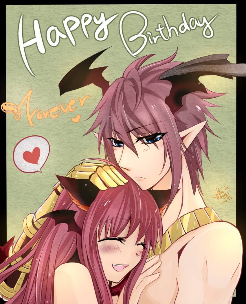 1boy 1girl animal_ears assassin_cross_(ragnarok_online) black_gloves black_wings blue_eyes blush brown_hair cat_ears cat_girl closed_eyes closed_mouth commentary_request ear_wings expressionless eyes_visible_through_hair gauntlets gloves green_background hair_between_eyes happy_birthday head_wings headpat heart hetero highres hug jewelry lanmei_jiang long_bangs long_hair necklace open_mouth pink_hair pointy_ears ragnarok_online short_hair smile spoken_heart sura_(ragnarok_online) upper_body wings