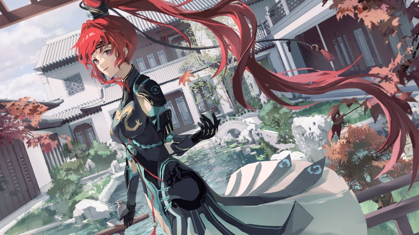 1girl absurdres architecture arm_armor autumn_leaves black_bodysuit black_gloves black_headband bodysuit breasts bridge bush chinese_commentary commentary courtyard cowboy_shot cup door dragon_print dutch_angle east_asian_architecture flower from_side gloves grass hair_intakes half-skirt headband high_ponytail highres leaf long_hair looking_at_viewer looking_to_the_side lotus lotus_leaf maple_leaf medium_breasts mole mole_under_eye official_alternate_costume pond ponytail pottery punishing:_gray_raven railing red_eyes red_hair rock shoulder_pads single_sidelock solo table tassel tile_roof tree vera:_garnet_(grandiose_glamor)_(pgr) vera:_garnet_(pgr) vera_(pgr) very_long_hair white_lotus window zhongyuanqing