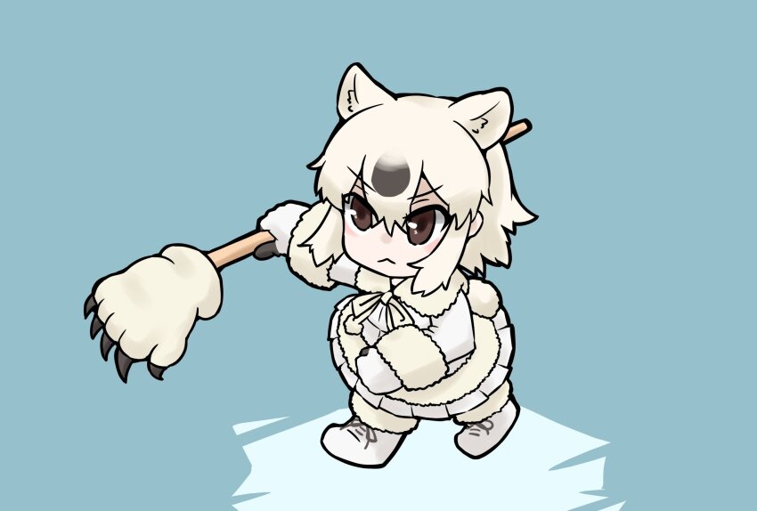 1girl :&lt; bear blush boots bow bowtie brown_eyes brown_hair chibi coat extra_ears frilled_skirt frills fur_collar fur_trim gloves gravi_pig4891 hair_between_eyes highres kemono_friends long_sleeves paw_stick pleated_skirt polar_bear_(kemono_friends) short_hair sidelocks skirt solo white_boots white_bow white_bowtie white_coat white_fur white_gloves white_hair white_skirt