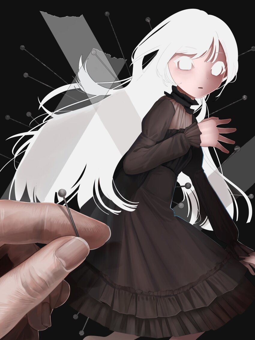 1girl 1other absurdres black_background black_dress dress duct_tape frilled_dress frills highres insect_pin long_hair long_sleeves looking_at_viewer mini_person minigirl original out_of_frame pin pov pov_hands simple_background taxidermy test_norma1 white_eyes white_hair
