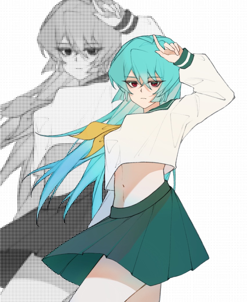 1girl aqua_hair arm_over_head arm_up blue_hair closed_mouth commentary cowboy_shot crop_top crop_top_overhang cropped_shirt gradient_hair green_skirt hair_between_eyes highres long_hair long_sleeves looking_at_viewer macha_mian_mu_chun mahou_shoujo_ni_akogarete minakami_sayo multicolored_hair navel neckerchief pleated_skirt red_eyes shirt skirt solo standing stomach white_background white_shirt yellow_neckerchief zoom_layer