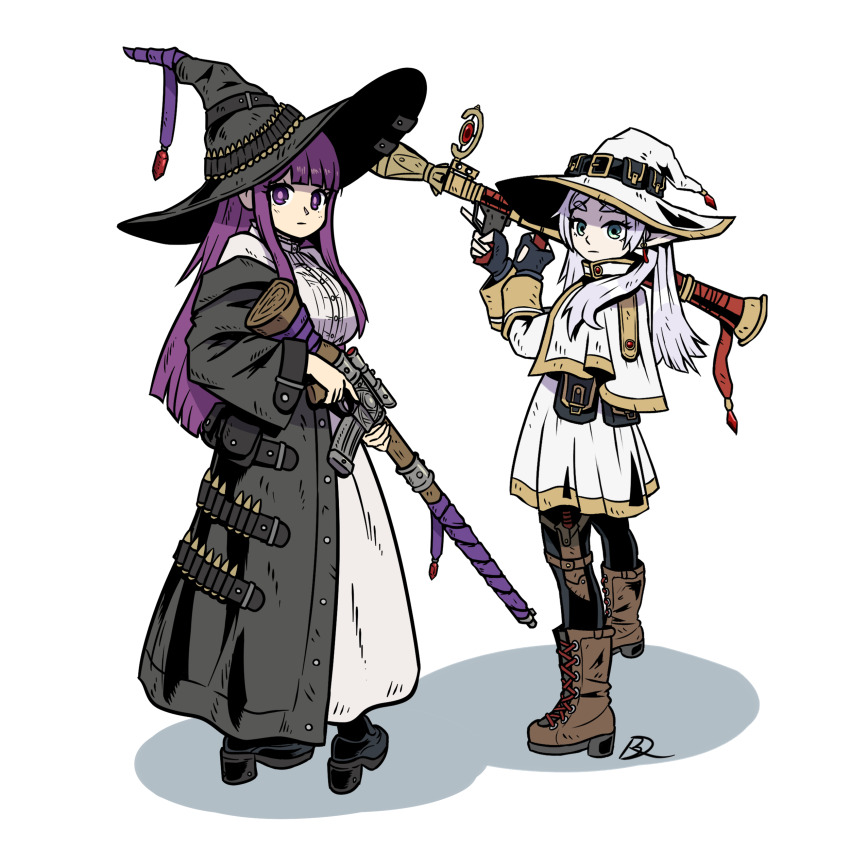 2girls absurdres alternate_weapon boots breasts bullet capelet commentary dress elf english_commentary fern_(sousou_no_frieren) fingerless_gloves frieren full_body gloves green_eyes gun hat highres holding holding_gun holding_weapon jacket kabewski large_breasts long_hair looking_at_viewer multiple_girls pantyhose photo-referenced pointy_ears pouch purple_eyes purple_hair rifle rocket_launcher rpg rpg-7 rpg_(weapon) scope shadow signature simple_background sniper_rifle sousou_no_frieren standing trigger_discipline twintails weapon white_background white_hair witch_hat