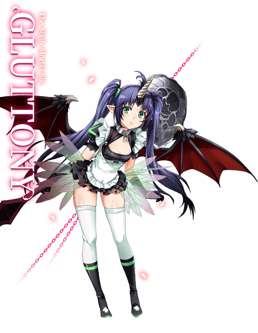 1girl ahoge apron arm_at_side beelzebub_(sin_nanatsu_no_taizai) beelzebub_(the_seven_deadly_sins) black_dress black_gloves black_wings chain cleavage_cutout clothing_cutout collar demon_girl demon_wings dress flat_chest frilled_apron frills full_body gloves gluteal_fold gradient_background green_eyes hair_ornament hair_tie hand_up highres horn horns jack-o&#039;-lantern long_hair nishii_(damnedrive) official_art parted_bangs pointy_ears puffy_short_sleeves puffy_sleeves purple_hair scan short_dress short_sleeves sin_nanatsu_no_taizai single_horn solo spread_wings standing the_seven_deadly_sins thighhighs twintails waist_apron white_apron white_thighhighs wings