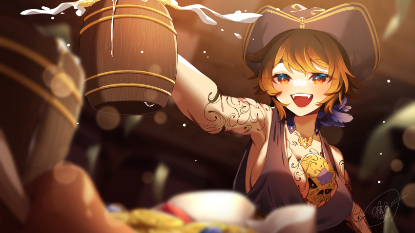 1girl arm_tattoo armpits between_breasts blei_gotha blurry blurry_foreground breast_tattoo breasts brown_eyes brown_hair colored_tips commission cup hat highres holding holding_cup indie_virtual_youtuber multicolored_hair open_mouth pirate_hat short_hair signature skeb_commission skull tankard tattoo teeth tika_yuduki two-tone_hair upper_body upper_teeth_only virtual_youtuber