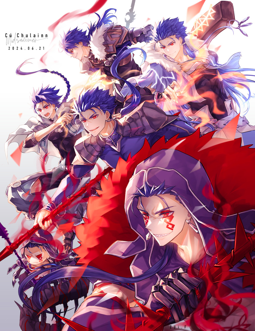 6+boys armor belt black_bodysuit blue_bodysuit blue_capelet blue_gloves blue_hair bodysuit bodysuit_under_clothes braid capelet character_name chest_tattoo chibi cu_chulainn_(caster)_(fate) cu_chulainn_(fate) cu_chulainn_(fate/prototype) cu_chulainn_(fate/stay_night) cu_chulainn_alter_(fate) dated detached_hood earrings elbow_gloves facial_tattoo fate/grand_order fate_(series) gae_bolg_(fate) gloves gradient_background grey_background grin hair_over_shoulder highres holding holding_polearm holding_sword holding_weapon jewelry long_hair low_ponytail male_focus mini_cu-chan_(fate) multiple_boys multiple_persona polearm ponytail red_eyes setanta_(fate) sharp_teeth shoulder_armor smile spiked_tail spikes sword tail tattoo teeth weapon white_background zuif_d