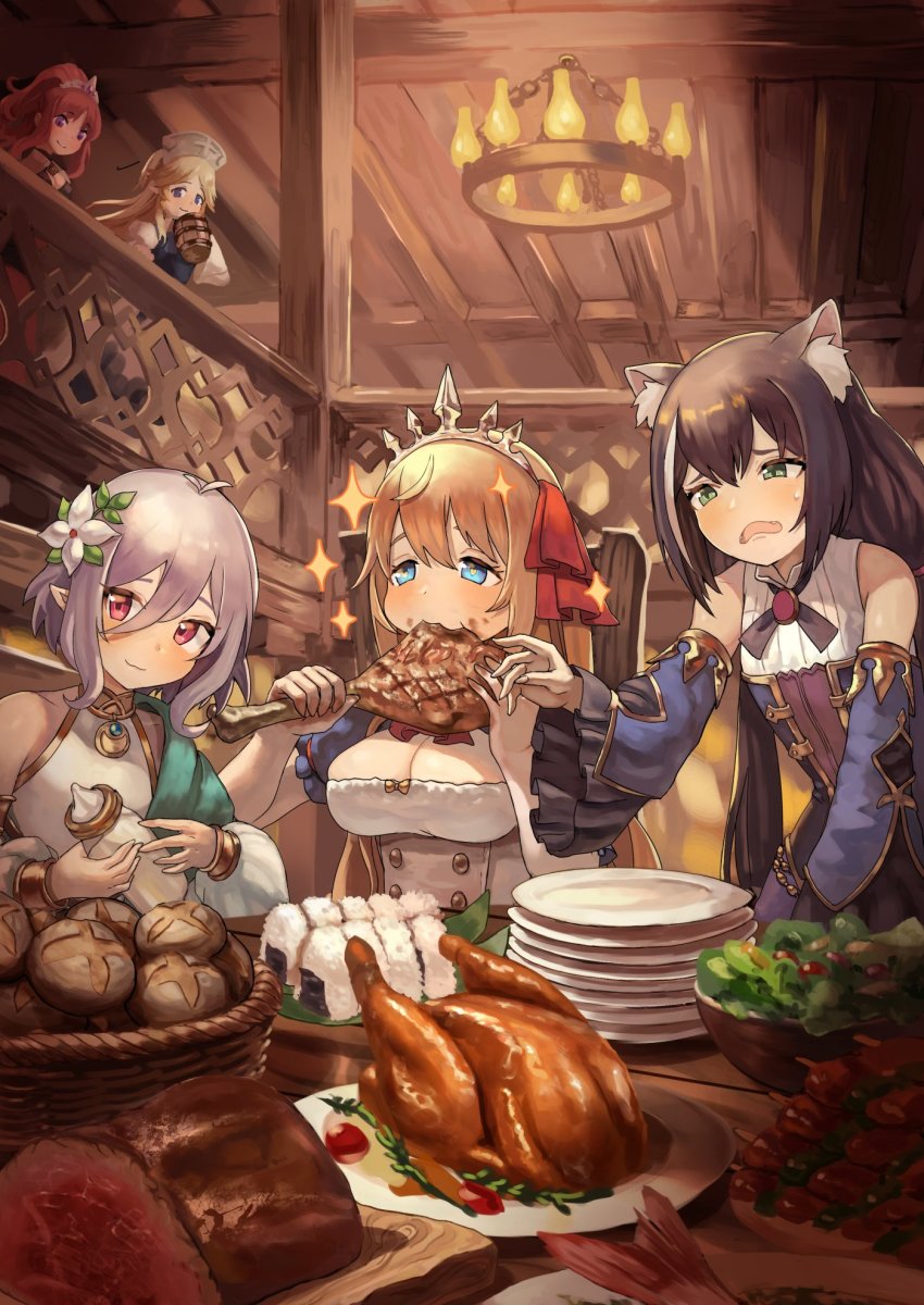 5girls :3 akino_(princess_connect!) animal_ear_fluff animal_ears antenna_hair baby_bottle basket beer_mug black_hair blonde_hair blue_eyes blush bottle bread bread_bun breasts cat_ears cat_girl chair chicken_(food) cleavage closed_mouth commentary_request cup detached_sleeves disgust dress eating elf fangs fish flower food food_on_face food_on_hand frown green_eyes greentanuki hair_between_eyes hair_flower hair_ornament hair_ribbon hanging_light heart heart-shaped_pupils highres holding holding_cup holding_food indoors inn karyl_(princess_connect!) kokkoro_(princess_connect!) large_breasts long_hair looking_away low_twintails meat mug multicolored_hair multiple_girls onigiri open_mouth orange_hair pecorine_(princess_connect!) pink_eyes plate pointy_ears princess_connect! puffy_short_sleeves puffy_sleeves purple_eyes reaching reaching_towards_viewer red_hair red_ribbon ribbon salad shish_kebab short_sleeves silver_hair skewer sleeveless sleeveless_dress smile sparkle streaked_hair sweatdrop symbol-shaped_pupils table tiara tomato twintails unfinished wavy_mouth wooden_chair wooden_table yukari_(princess_connect!)