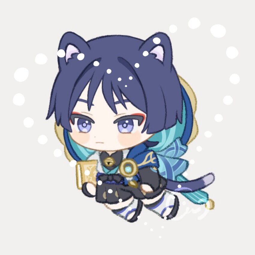 1boy animal_ears aqua_hat arms_at_sides black_bow black_bridal_gauntlets black_leggings black_sandals black_shorts blue_cape blue_gemstone blue_kimono blunt_ends blush_stickers bow bridal_gauntlets cape cat_boy cat_ears cat_tail chibi cilo_(royro) cutting_board eyeliner eyeshadow feathers full_body furisode gem genshin_impact gold gold_trim hakama hakama_shorts hat hat_on_back highres holding japanese_clothes jingasa juban kimono leg_warmers leggings looking_to_the_side makeup male_focus open_clothes open_kimono pleated_shorts pom_pom_(clothes) purple_eyes purple_hair red_eyeliner red_eyeshadow sandals scaramouche_(genshin_impact) shorts solo tail vision_(genshin_impact) wanderer_(genshin_impact) white_kimono white_leg_warmers wispy_bangs yellow_feathers zouri