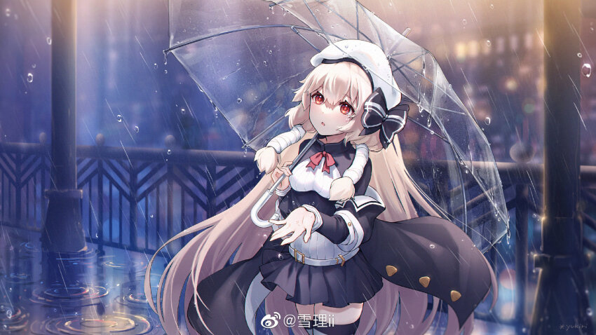 1girl beret black_skirt black_thighhighs blonde_hair bow breasts building chaser_(warship_girls_r) dress hair_between_eyes hat highres holding holding_umbrella jacket long_hair long_sleeves looking_up low-tied_sidelocks night outdoors parted_lips pleated_skirt railing rain red_eyes ribbon sidelocks skirt solo standing thighhighs transparent transparent_umbrella umbrella very_long_hair warship_girls_r water yukiri_(l_ii) zettai_ryouiki