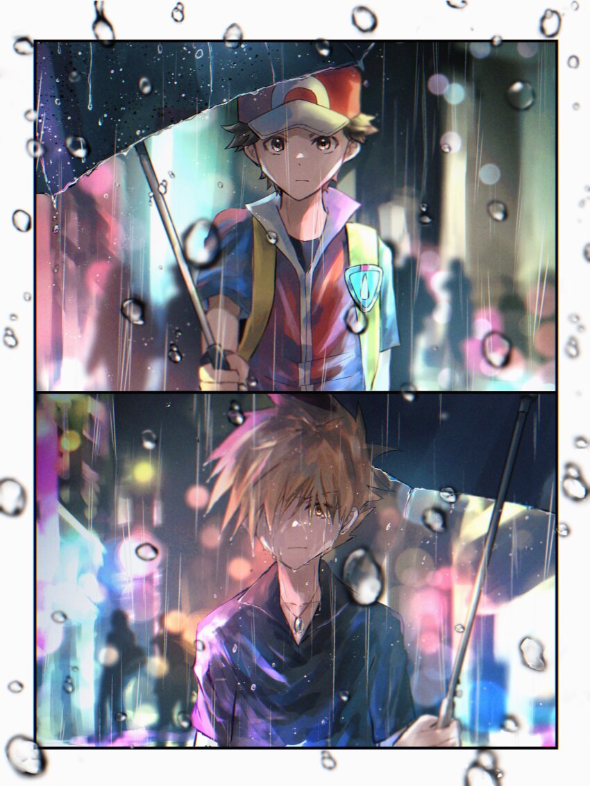 2boys absurdres blue_oak blurry border brown_hair closed_mouth collared_shirt hat highres holding holding_umbrella male_focus multiple_boys nintendo pokemon pokemon_frlg rain red_(pokemon) red_hat red_vest shirt shiruko_(s1ruko) short_hair short_sleeves umbrella vest vs_seeker water_drop white_border