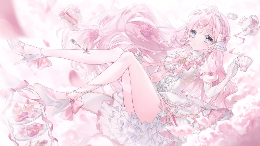 1girl blue_eyes bow cake cup dress earrings elbow_gloves flower food fork gloves hair_bow highres himeno_aimu holding holding_cup indie_virtual_youtuber jewelry long_hair noah_(0noah) pink_flower pink_hair pink_rose rose solo strawberry_shortcake teacup teapot virtual_youtuber white_bow white_dress white_footwear white_gloves