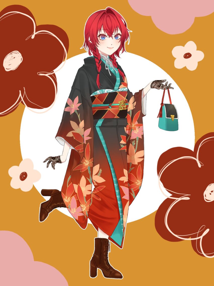 1girl ange_katrina ange_katrina_(new_year) ankle_boots aqua_bag bag black_gloves black_hair black_kimono black_sash blue_eyes blush boots braid brown_background brown_boots closed_mouth commentary_request crossed_bangs dot_nose eyelashes flat_chest floral_background floral_print floral_print_kimono full_body furisode gloves gradient_clothes hair_between_eyes hair_intakes hair_over_shoulder half_gloves hand_up handbag high_heel_boots high_heels highres japanese_clothes kimono lace lace-up_boots lace_gloves lips long_bangs long_hair looking_at_viewer low_twin_braids multicolored_hair nijisanji obi obiage obijime orange_kimono orange_sash outline print_kimono red_hair sash smile solo standing standing_on_one_leg streaked_hair twin_braids two-tone_hair ume_aji virtual_youtuber white_outline